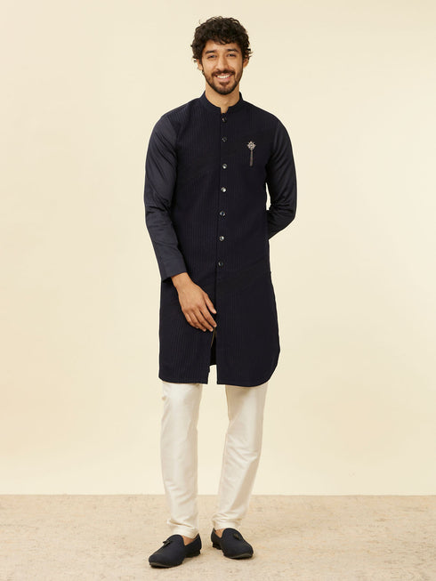Manyavar Dark Blue Self Striped Kurta