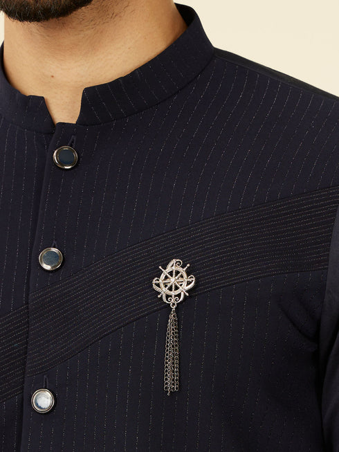 Manyavar Dark Blue Self Striped Kurta