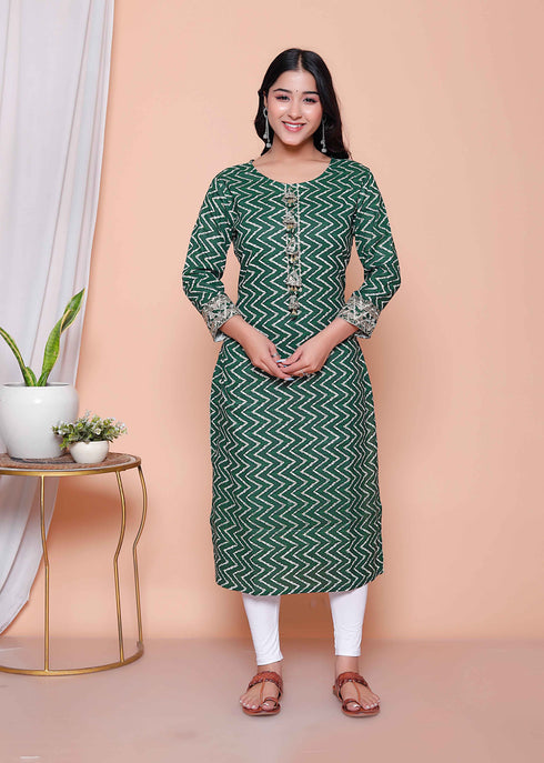 Miravan Womens Green Zigzag Print Embroidery Rayon Straight Kurti