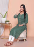 Miravan Womens Green Zigzag Print Embroidery Rayon Straight Kurti