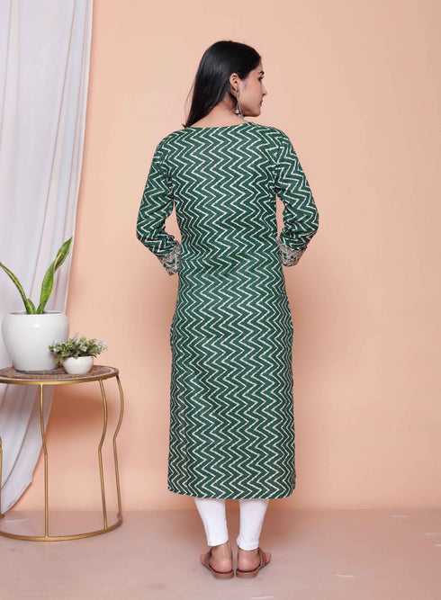 Miravan Womens Green Zigzag Print Embroidery Rayon Straight Kurti