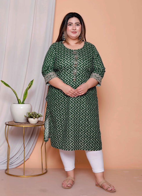 Miravan Womens Plus size Green Zigzag Print Embroidery Rayon Straight Kurti