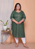 Miravan Womens Plus size Green Zigzag Print Embroidery Rayon Straight Kurti