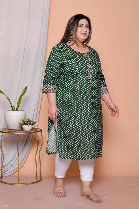 Miravan Womens Plus size Green Zigzag Print Embroidery Rayon Straight Kurti