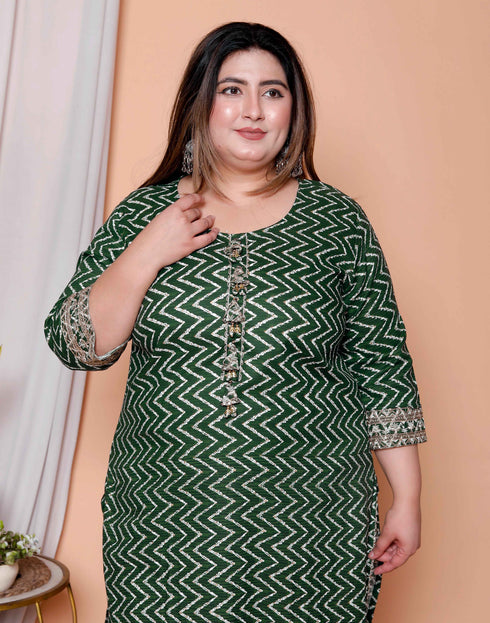 Miravan Womens Plus size Green Zigzag Print Embroidery Rayon Straight Kurti