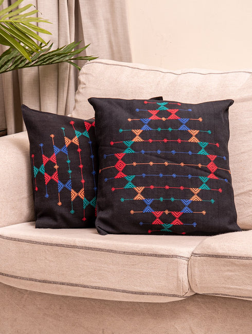 The India Craft House Kashida Pattu Woven Cushion Covers | Black Beauty