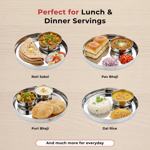 Vinod Stainless Steel Khumcha Thali Set of 2 30 cm Lunch and Dinner Plate High Grade Stainless Steel Mirror Finish Tough and Durable