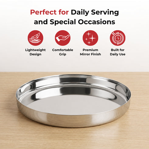 Vinod Stainless Steel Khumcha Thali Set of 2 30 cm Lunch and Dinner Plate High Grade Stainless Steel Mirror Finish Tough and Durable