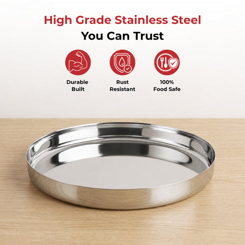 Vinod Stainless Steel Khumcha Thali Set of 2 30 cm Lunch and Dinner Plate High Grade Stainless Steel Mirror Finish Tough and Durable