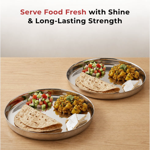 Vinod Stainless Steel Khumcha Thali Set of 2 30 cm Lunch and Dinner Plate High Grade Stainless Steel Mirror Finish Tough and Durable