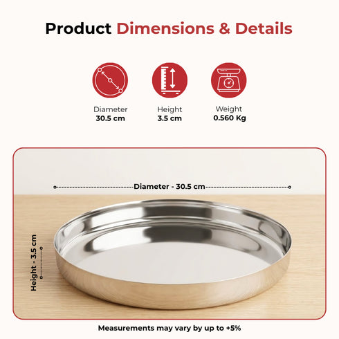 Vinod Stainless Steel Khumcha Thali Set of 2 30 cm Lunch and Dinner Plate High Grade Stainless Steel Mirror Finish Tough and Durable