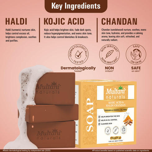 Multani Pharmaceuticals Limited Multani Naturals 1 kojic acid & haldi chandan soap Helps from acn & sun damage Dermatologically Tested Suitable for All Skin Type