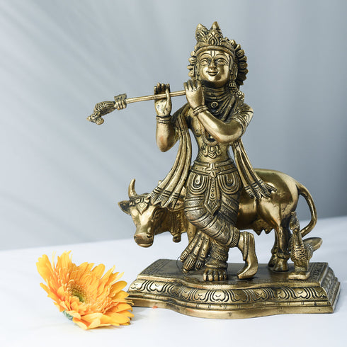 Samskara Home Krishna With Cow Brass Idol