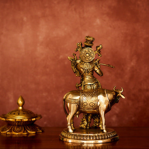 CREATUNIQ Krishna with Cow Brass Statue with Antique Polish