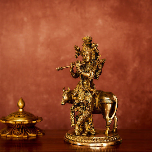 CREATUNIQ Krishna with Cow Brass Statue with Antique Polish