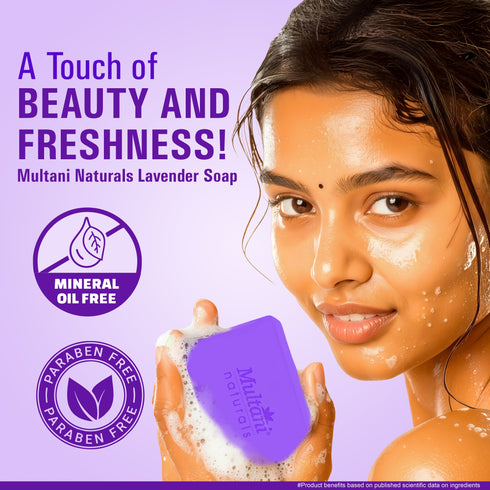 Multani Pharmaceuticals Limited Multani Naturals Lavender Soap I Essential Oils & Glycerin I Helps Reduces Acne Cleanses & Exfoliates Dead Skin Cells Relaxes Mind Body & Soul and Fights Skin Infections Naturally with Every Use I Kind to all Skins