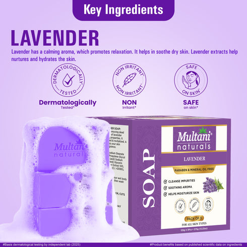 Multani Pharmaceuticals Limited Multani Naturals Lavender Soap I Essential Oils & Glycerin I Helps Reduces Acne Cleanses & Exfoliates Dead Skin Cells Relaxes Mind Body & Soul and Fights Skin Infections Naturally with Every Use I Kind to all Skins