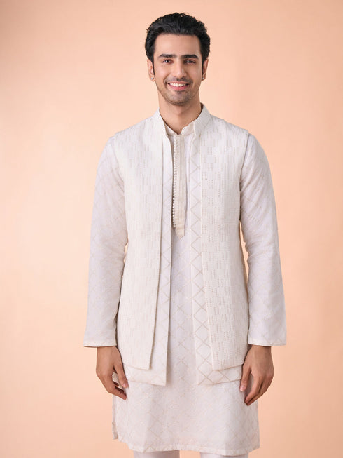 Manyavar Cream Georgette Elegance Kurta Jacket Set