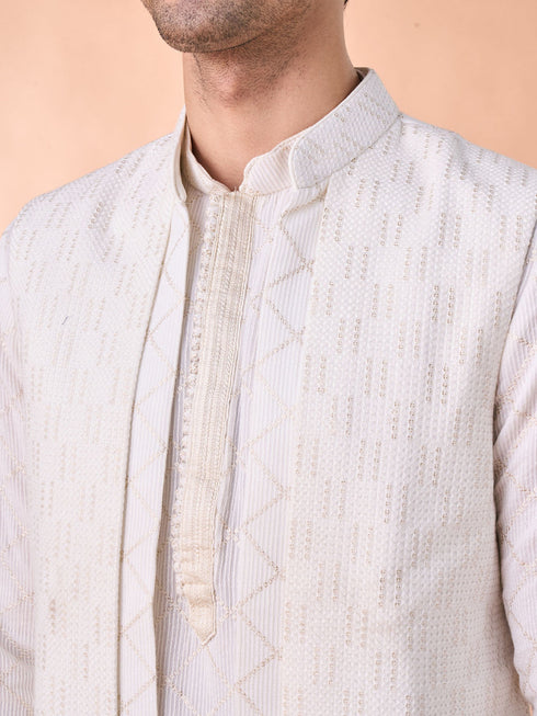 Manyavar Cream Georgette Elegance Kurta Jacket Set