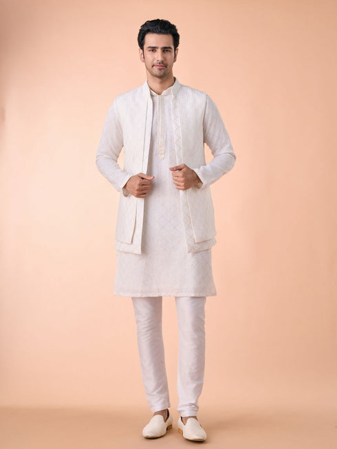 Manyavar Cream Georgette Elegance Kurta Jacket Set