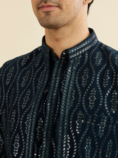 Manyavar Teal Blue Georgette Kurta Jacket Set
