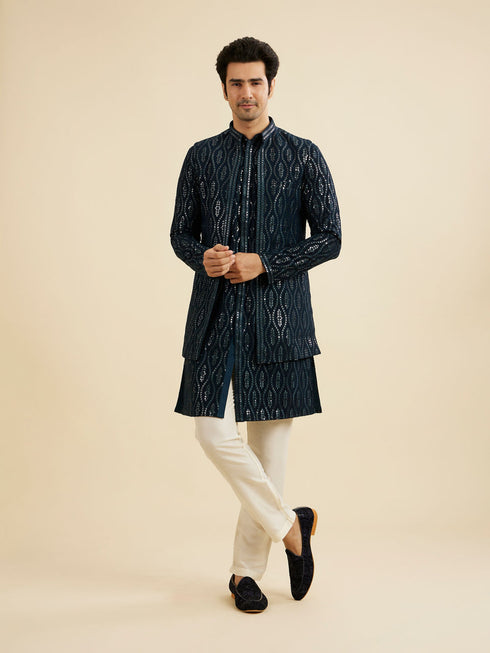 Manyavar Teal Blue Georgette Kurta Jacket Set