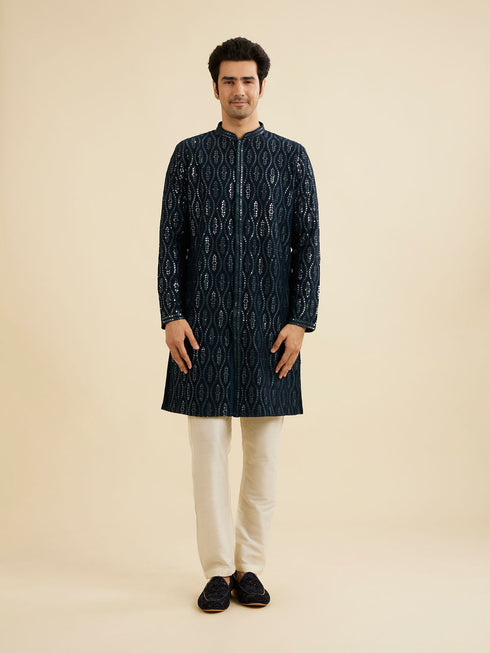 Manyavar Teal Blue Georgette Kurta Jacket Set
