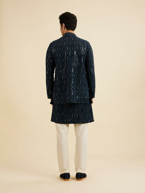 Manyavar Teal Blue Georgette Kurta Jacket Set