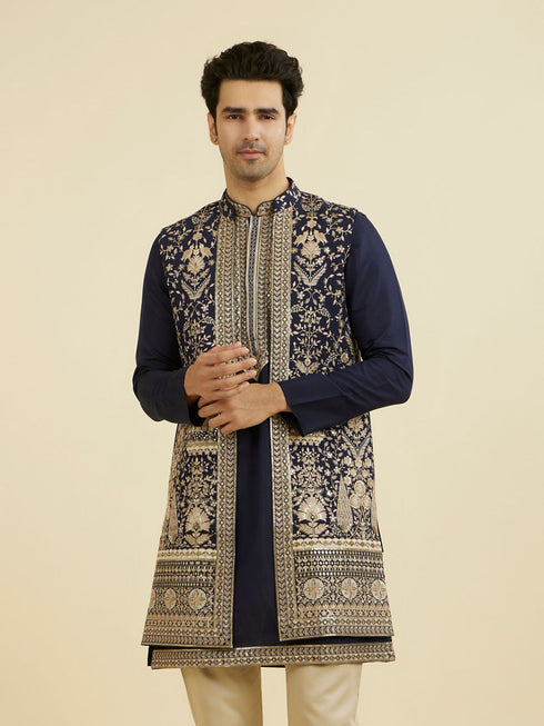 Manyavar Elegant Dark Blue Ensemble Kurta Jacket Set
