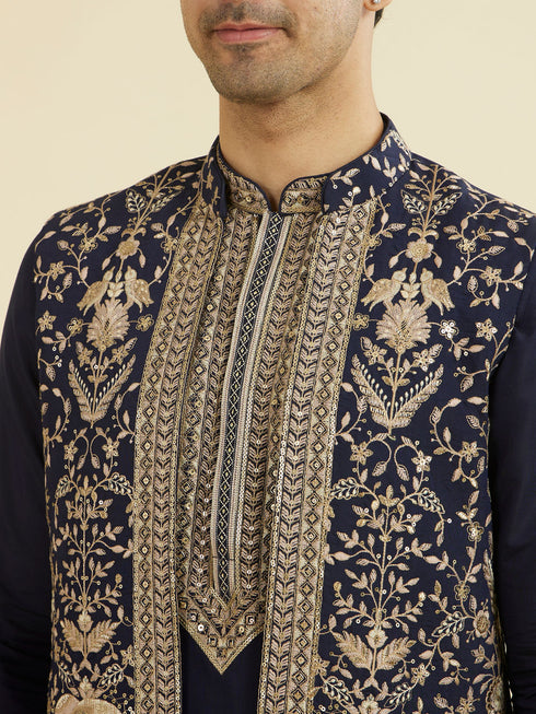 Manyavar Elegant Dark Blue Ensemble Kurta Jacket Set