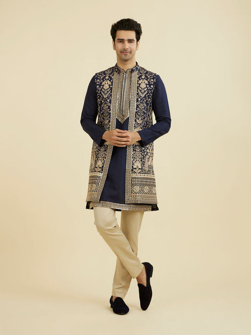 Manyavar Elegant Dark Blue Ensemble Kurta Jacket Set
