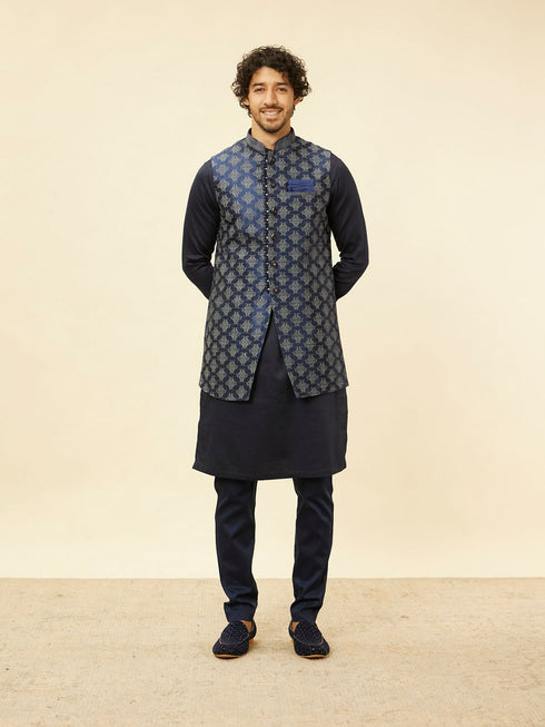 Manyavar Navy Blue Imperial Jaal Patterned Kurta Jacket Set