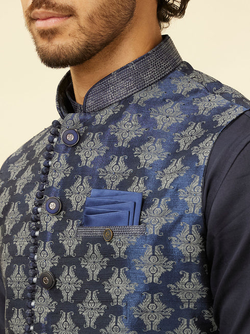 Manyavar Navy Blue Imperial Jaal Patterned Kurta Jacket Set