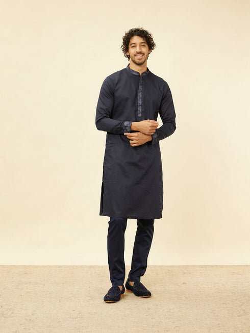Manyavar Navy Blue Imperial Jaal Patterned Kurta Jacket Set