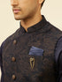 Manyavar Deep Blue Bel Buti Patterned Asymmetric Hem Kurta Jacket Set