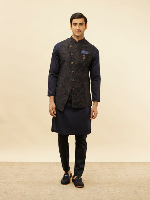 Manyavar Deep Blue Bel Buti Patterned Asymmetric Hem Kurta Jacket Set