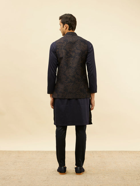 Manyavar Deep Blue Bel Buti Patterned Asymmetric Hem Kurta Jacket Set