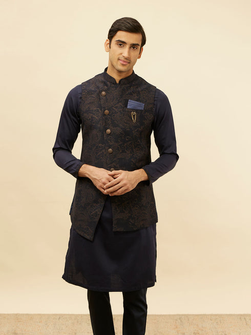 Manyavar Deep Blue Bel Buti Patterned Asymmetric Hem Kurta Jacket Set