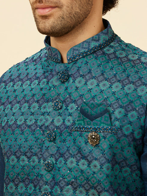 Manyavar Teal Blue Luxe Kurta Jacket Set