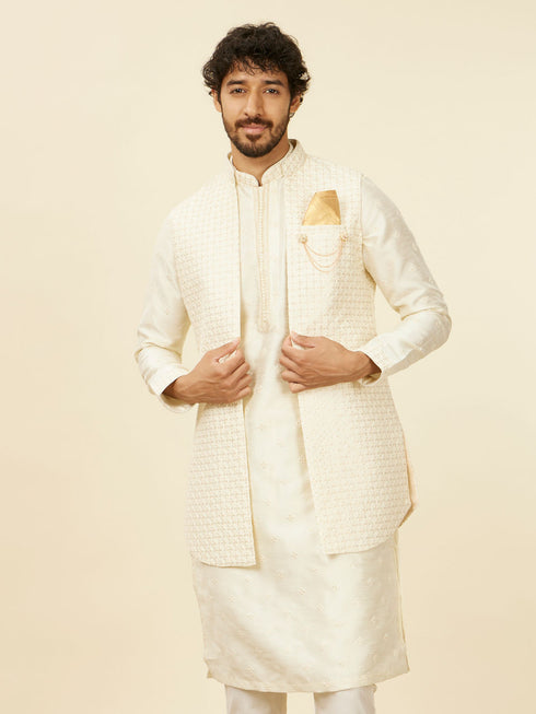 Manyavar Soft Cream Self Patterned Kurta Jacket Set