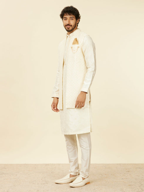 Manyavar Soft Cream Self Patterned Kurta Jacket Set
