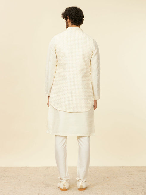 Manyavar Soft Cream Self Patterned Kurta Jacket Set