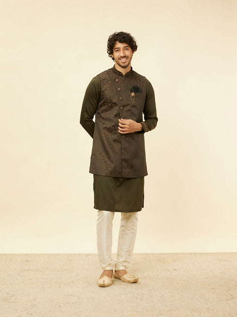 Manyavar Olive Green Bel Buti Patterned Kurta Jacket Set