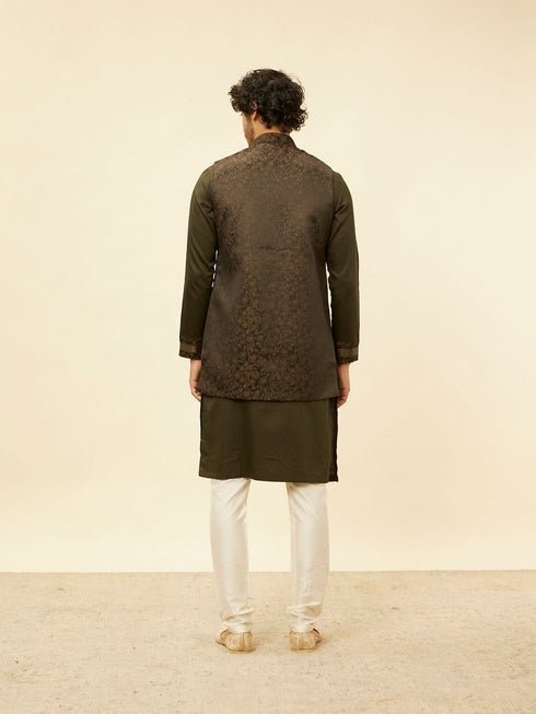 Manyavar Olive Green Bel Buti Patterned Kurta Jacket Set