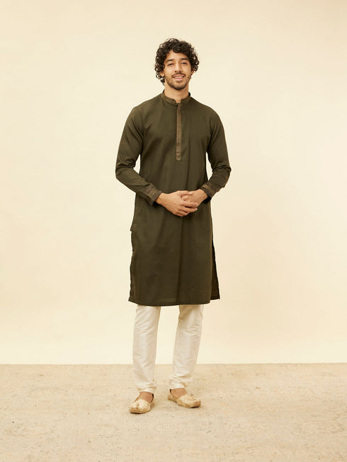 Manyavar Olive Green Bel Buti Patterned Kurta Jacket Set