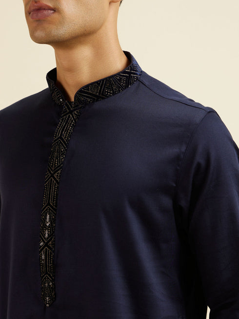 Manyavar Dark Blue Sequinned Jaal Patterned Jacket Set