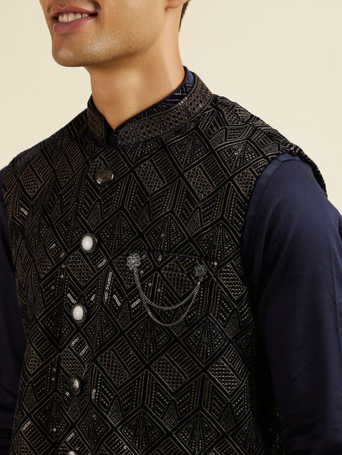 Manyavar Dark Blue Sequinned Jaal Patterned Jacket Set