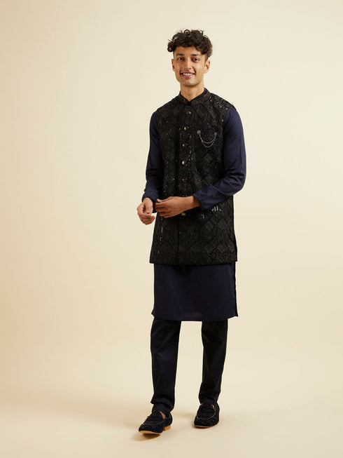 Manyavar Dark Blue Sequinned Jaal Patterned Jacket Set