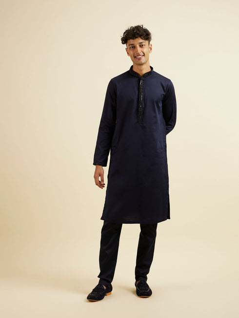 Manyavar Dark Blue Sequinned Jaal Patterned Jacket Set