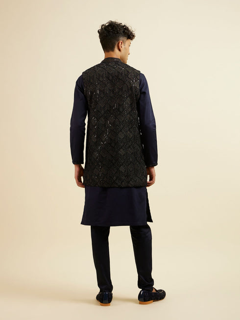 Manyavar Dark Blue Sequinned Jaal Patterned Jacket Set